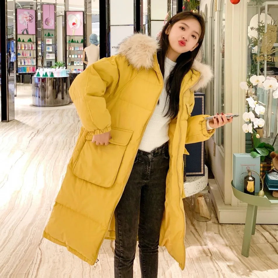 

2019 Smokey Blue Long over-the-Knee down Coat Hooded Large Fur Collar Korean-style Large Pocket New Style Cotton Overcoat Women'