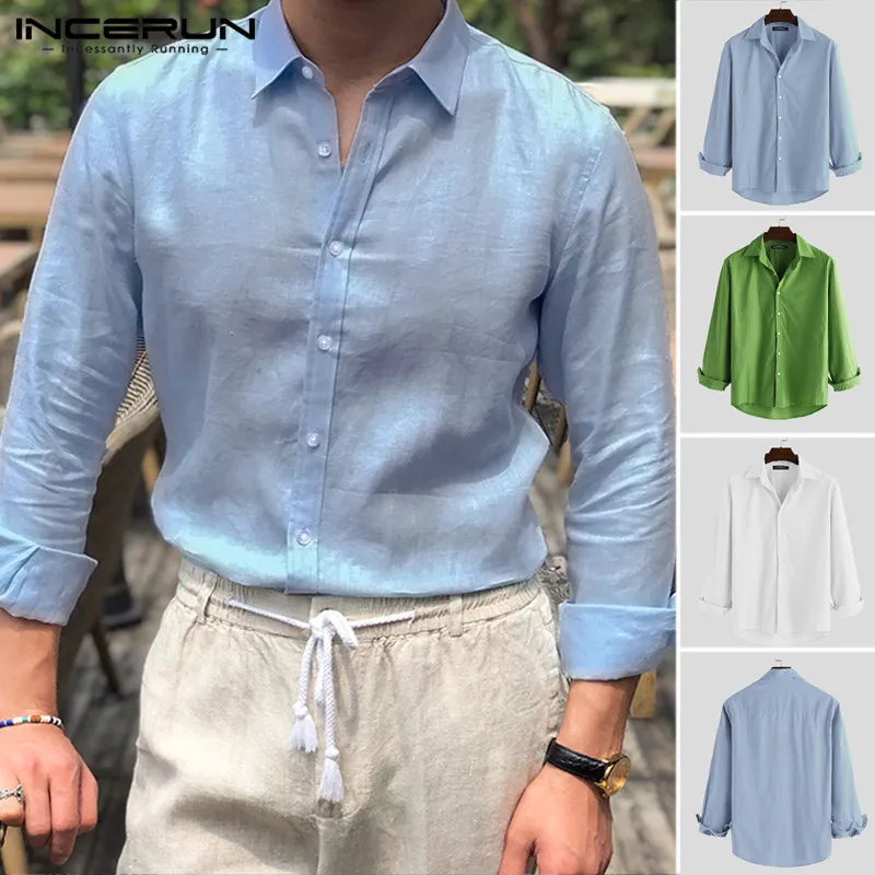 INCERUN/Модная однотонная Новинка 2019, мужская рубашка, повседневная хлопковая рубашка, свободная, в деловом стиле, высокое качество, рубашка с