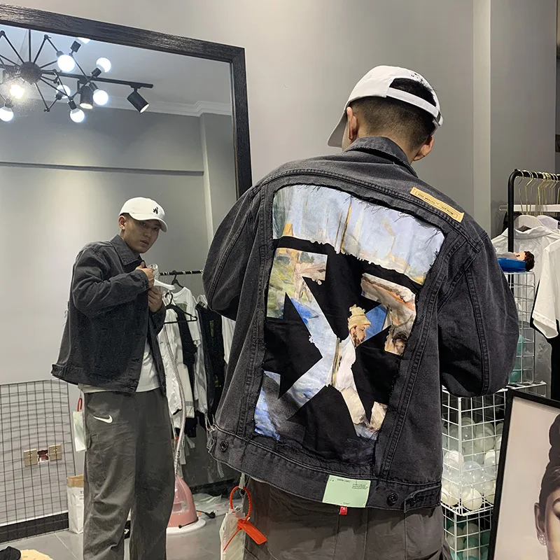 Бело-OW 19SS картина Моне масляными красками лодка вышитая нашивка джинсовая куртка с эффектом поношенности на улице в стиле «хип-хоп»