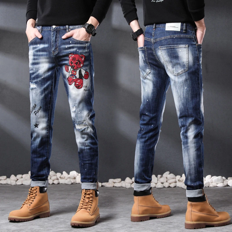 EH·MD® Embroidered Bear Jeans Men Bleach Stripe Design Splash Ink Scratch Hole Art Lettering Trim Pants Red Ear Four Seasons 022