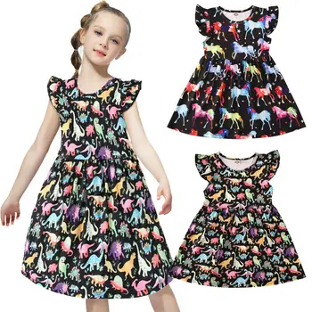 

Cute cartoon dinosaur toddler girl dress ruffle fashion outdoor princess dress infant kid girl clothes