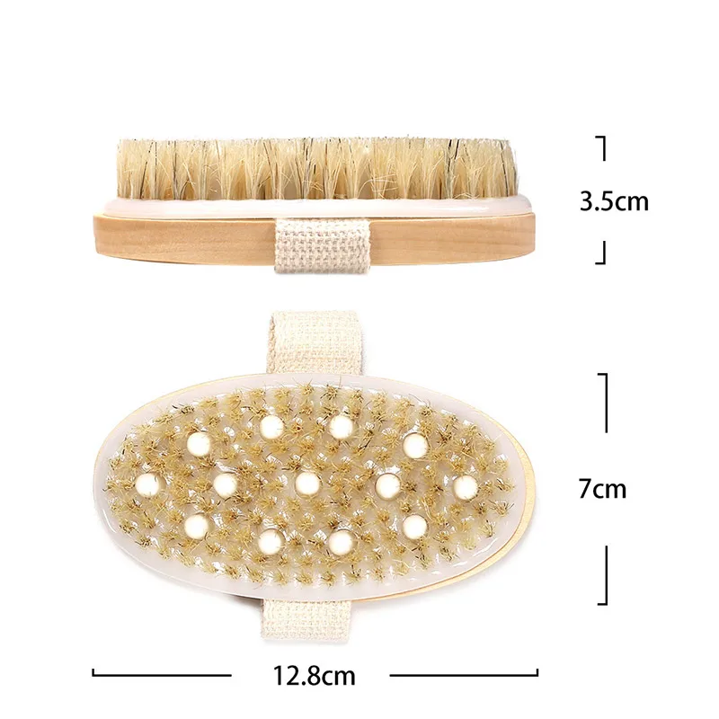 2 in 1 Body Bath Massage Brush Soft Bristle Oval Wooden Shower Brush with Grip Strap