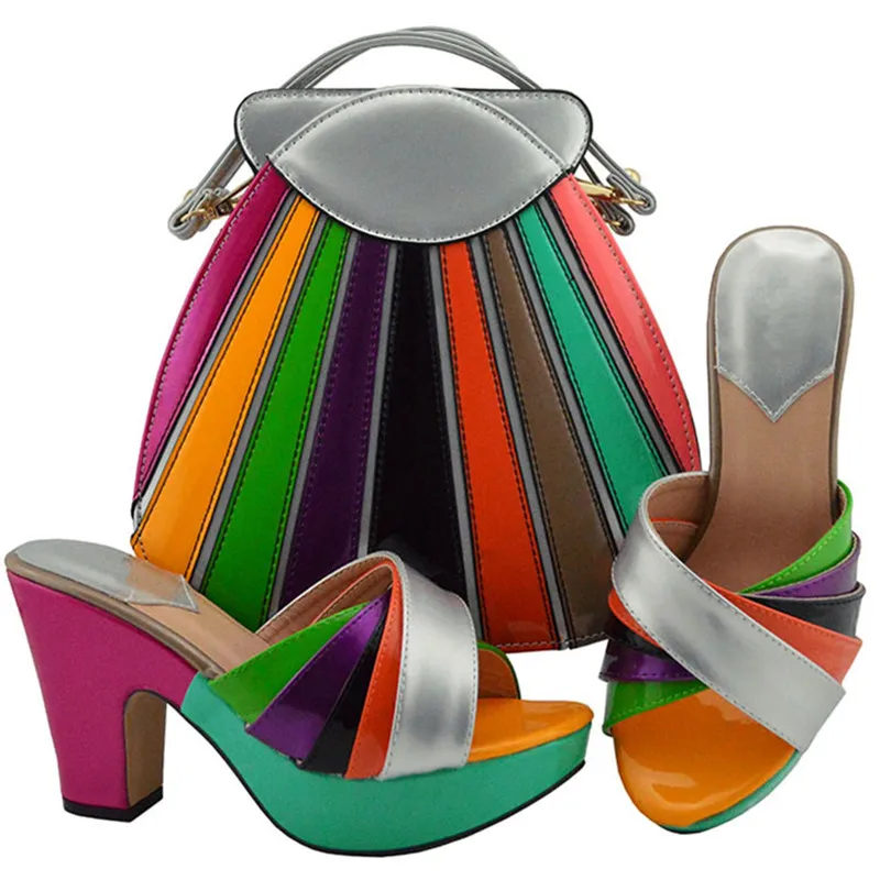 Итальянская Дамская обувь и подходящая Сумочка в комплекте; на очень высоком каблуке(8cm-up) квадратном каблуке Босоножки на каблуке Для женщин женские туфли-лодочки в африканском стиле; Женская обувь в комплекте с набором подходящих сумок - Color: Silver