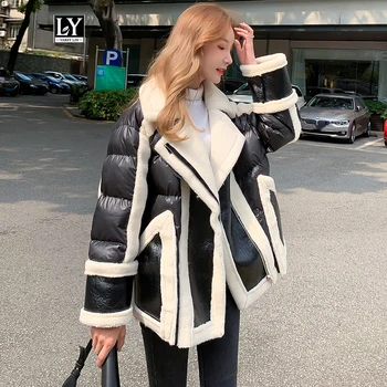 

Ly Varey Lin Winter Faux Lamb Fur Faux Soft Leather Jacket Overcoat Women Thickness Motorcycle Zipper Glossy Silvery Outerwear
