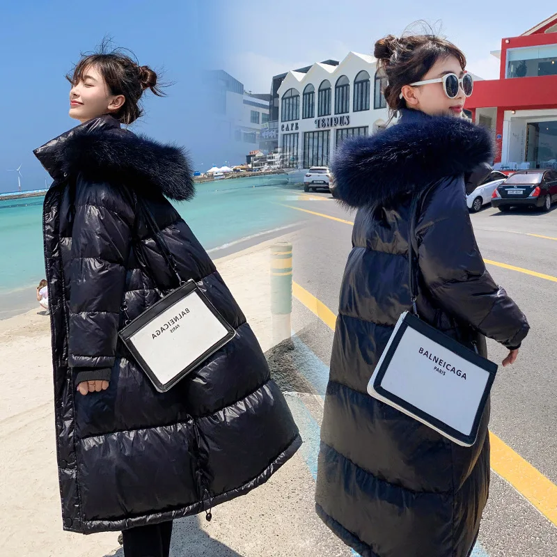 

Photo Shoot Korean-style Cotton-padded Clothes Women's Mid-length Fashion Large Fur Collar Thick Bright Surface down Jacket Cott