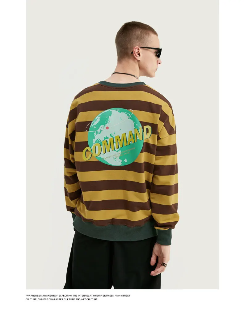 Fionto мужская одежда осень новая индивидуальная печать свободная Crewneck мужская полосатая футболка с длинными рукавами