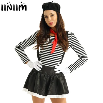 

6Pcs Women Adults Mime Costume French Artist Clown Circus Fancy Dress Striped Top Black Skirt with Beret Red Scarf Suspender