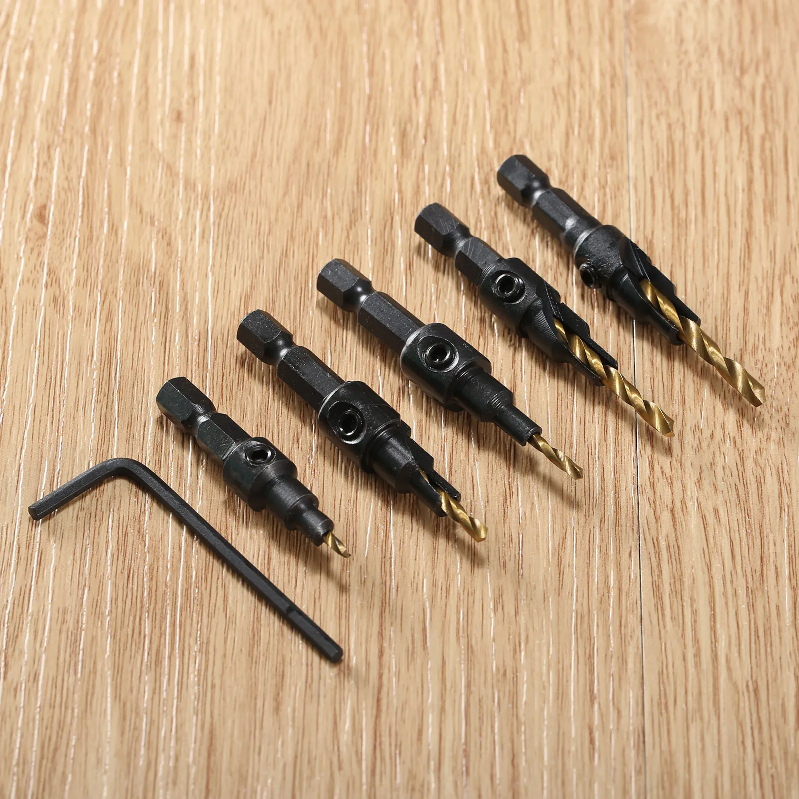 

5pcs/kit HSS Titanium Countersink Drill Kit Quick Change 1/4" Hex Shank Screw #5 #6 #8 #10 #12 Woodworking Tools Wood Drilling