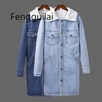 

2019 Spring Autumn Winter Women's Denim Wool Coat New Fashion Long Woolen Coat Loose Type Female Winter Wool Jackets Female Outw