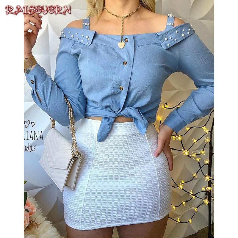 

Sexy Blue Blouse Women Spring Long Sleeved Shirts Tops Fashion Off Shoulder Button Blouses Strapless Slash Neck Blouse Clothes