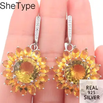 

42x26mm Gorgeous 11g Round Golden Citrine CZ Engagement 925 Solid Sterling Silver Earrings 34x10mm