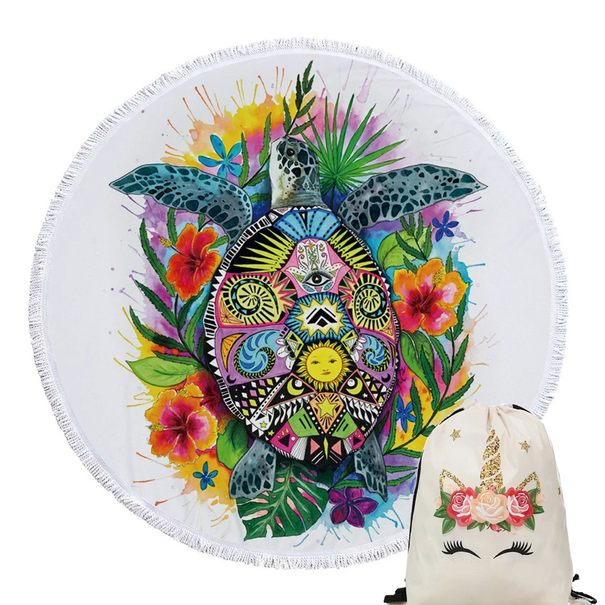 

Turtle Soft Round Beach Towel Animal Butterfly Wall Tapestry Towel Seaside for Adults Kids with Drawstring Backpack Bag Blanket