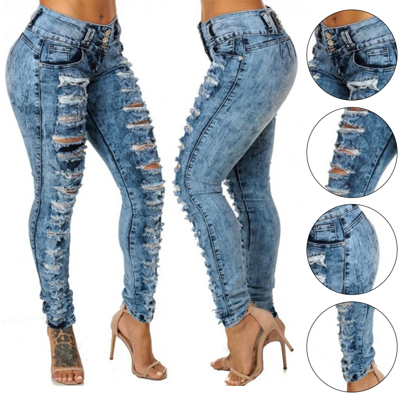 Jeans rasgado de cintura alta feminina, calça lápis, longa, magra