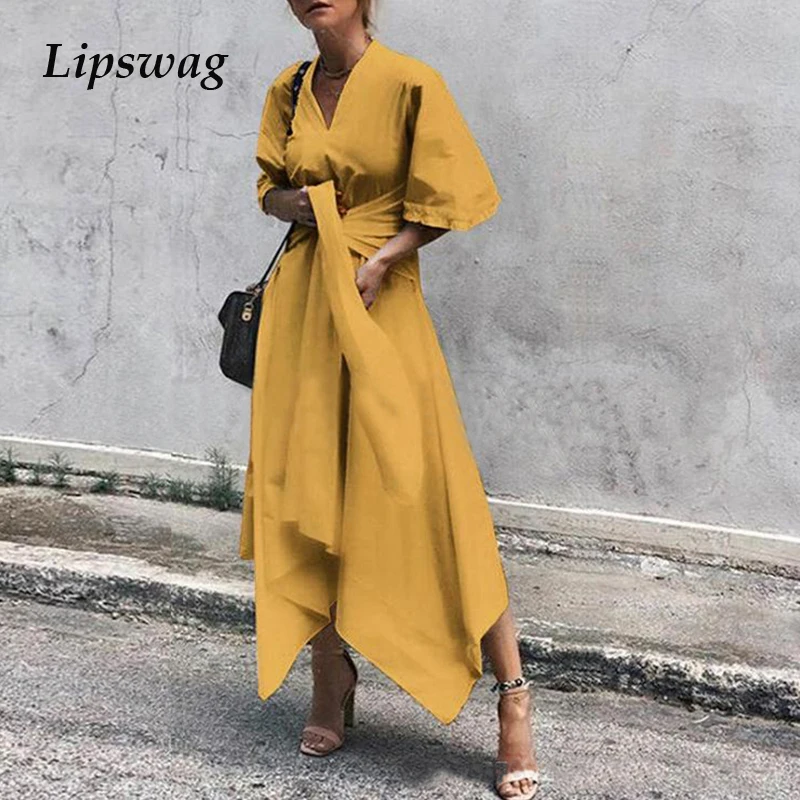 

Lipswag 5XL Sexy V-neck Irregular Party Dress Women Autumn Office Lady Solid Maxi Dress Elegant Sashes Ladies Dresses Vestidos
