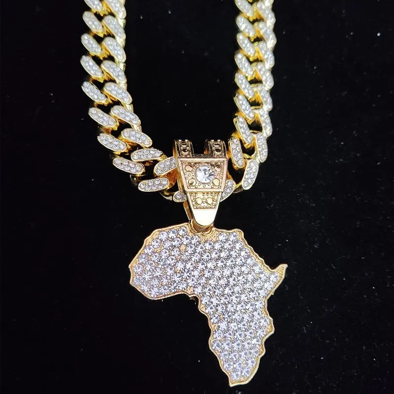 Men Women Hip Hop Iced Out Bling Map of Africa Pendant Necklace with 13mm Cuban Chain HipHop Necklaces Fashion Charm Jewelry