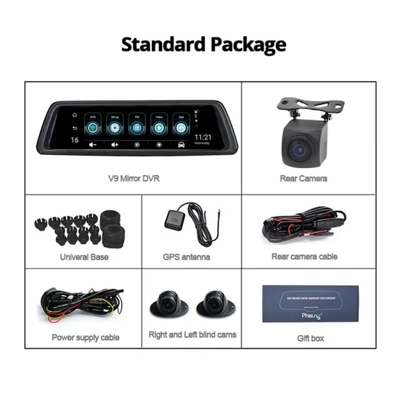 V9 9,88 дюймовый сенсорный экран 4G 1296P Dash Cam отличное мастерство и долговечность прочный с 3 камерами заднего вида