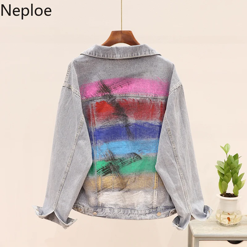 Neploe джинсовая куртка для женщин осень зима свободные мягкие печати Chaqueta Mujer с длинным рукавом Короткие студенческие Jaqueta Mujer46593