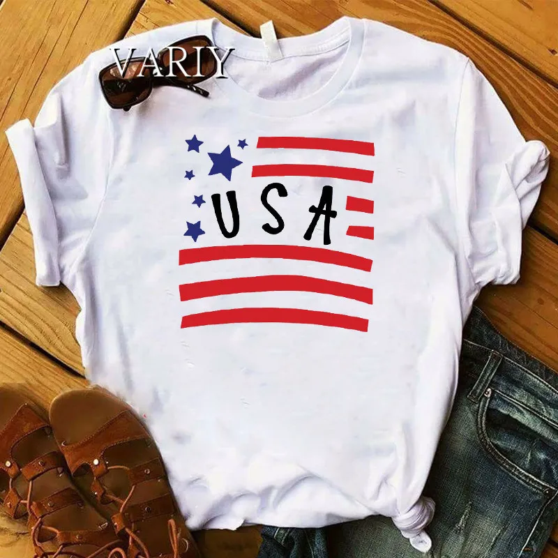 

American White Women T-shirts Kawaii Graphic Printed USA Flag Print Tops Harajuku Short Sleeve Tshirt Female Womens Tee shirt