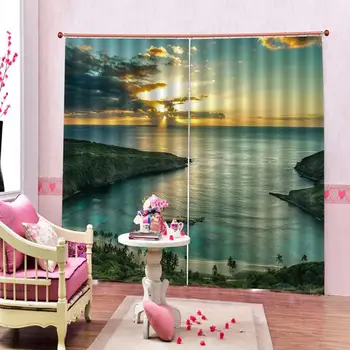 

blue Landscape Scenery curtain Photo Printing Blackout 3D Curtains for Living Room Solid color curtain