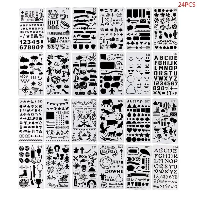 

24pcs/set Journal Border Drawing Template Ruler Stencil Painting Board DIY Album U4LD