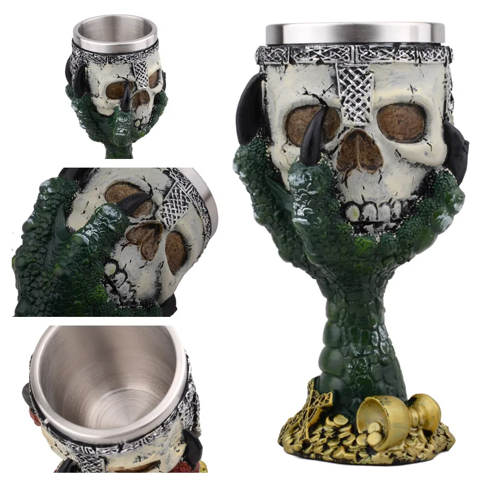 Green Devil Hand Крутая Готическая Смола из нержавеющей стали дракон Кубок с черепом Ретро коготь бокал для вина коктейльное стекло es виски чашки вечерние бар посуда для напитков - Цвет: Green Devil Hand