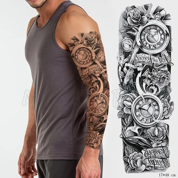 

Full Arm Waterproof Temporary Tattoo Sticker Roma Clock Pocket Watch Rose Flower Letter Fake Tatoo Flash Tatto To Man Woman