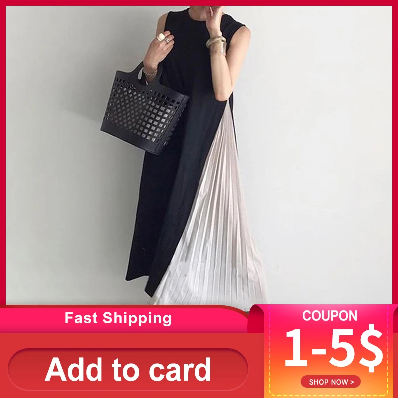 

Korean Sleeveless Women Long Dress 2020 Summer Pleated Patchwork Lady Maxi Dresses Robe Femme Vestiods Janpan Casual Date