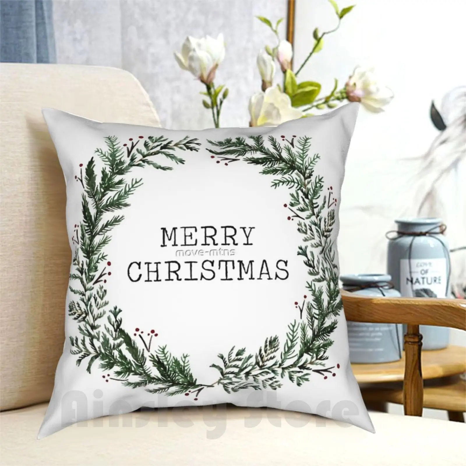 

Simple Merry Christmas Pillow Case Printed Home Soft Throw Pillow Christmas Merry Christmas Holiday Pine Wreath Classic