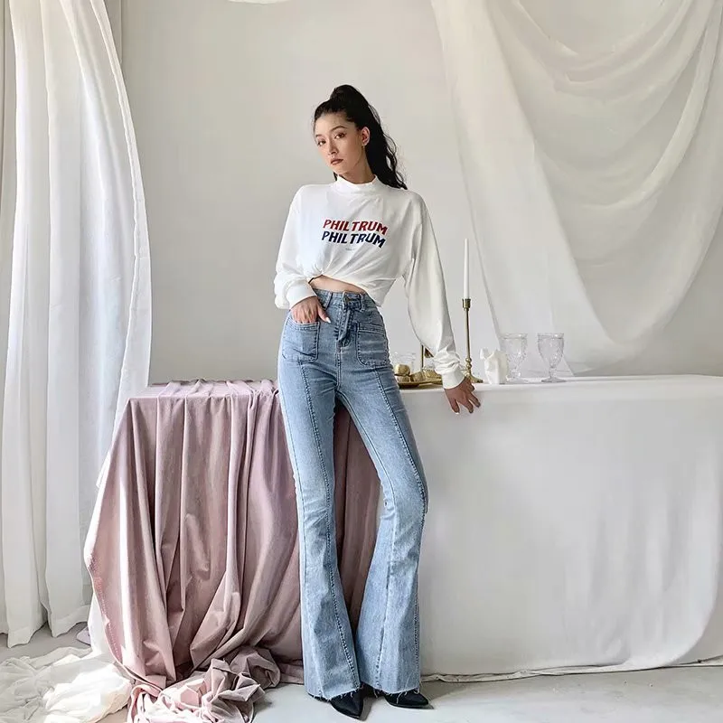 Spring Autumn winter new European and American style high waist stretch horn jeans women, Slim long legs solid color jeans women madewell jeans