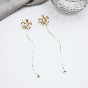

925 Silver Online Celebrity Zircon Crystal Flower Long Tassel Earring Slimming Elegant Cool Two Wear Immortal Earrings