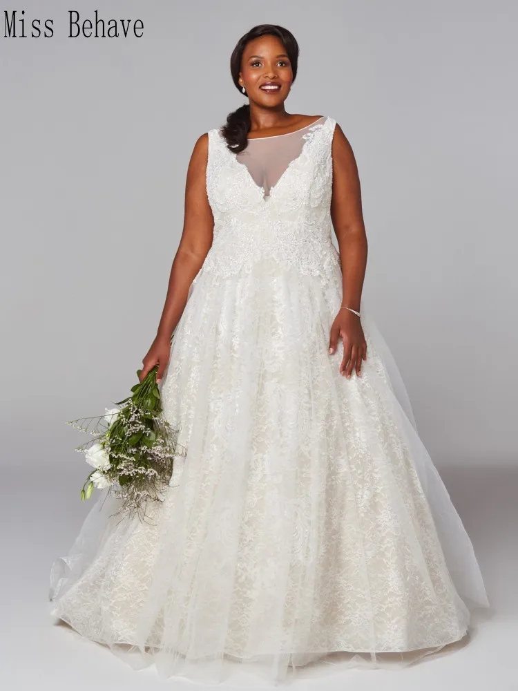 

DD JYOY Simple Style Plus Size Wedding Dress 2020 Lace Wedding Gown Bridal with Train Elegant V Neck Zipper Back Fancy Beaded