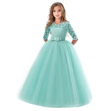 Mint Green Flower Girl Dresses For Weddings Ball Gown Half Sleeves Tulle Lace Long First Communion Dresses Little Girl