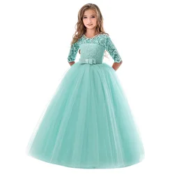 Mint Green Flower Girl Dresses For Weddings Ball Gown Half Sleeves Tulle Lace Long First Communion Dresses Little Girl