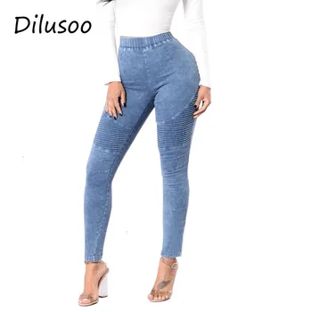 

Dilusoo Women High Waist Jeans Pants Pleated Elastic Waist Denim Pencil Jeans Woman 4 Season Skinny Casual Trousers Jeans 2019