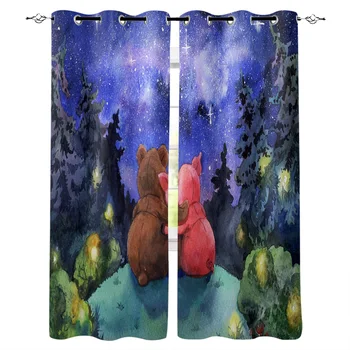 

Love Bears Window Curtains Cartoon Living Room Kitchen Curtains for Bedroom Left and Right Biparting Open Curtains