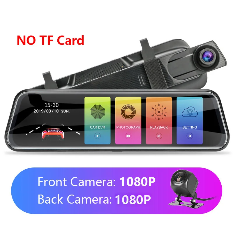 Jansite Автомобильный видеорегистратор с двумя объективами, 10 дюймов, с сенсорным экраном, FHD 1080 P, камера с функцией обнаружения движения, камера заднего вида 1080P - Название цвета: NO TF Card