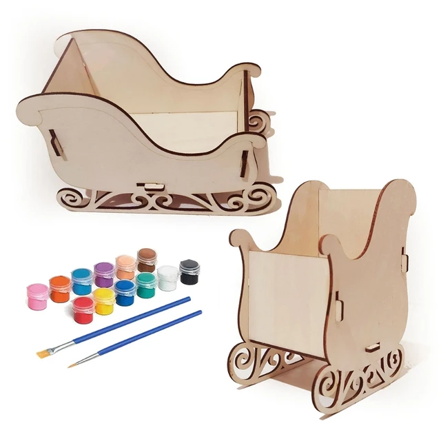 DIY Christmas Sleigh Decoration Kit with Paints Brushes Wooden Art