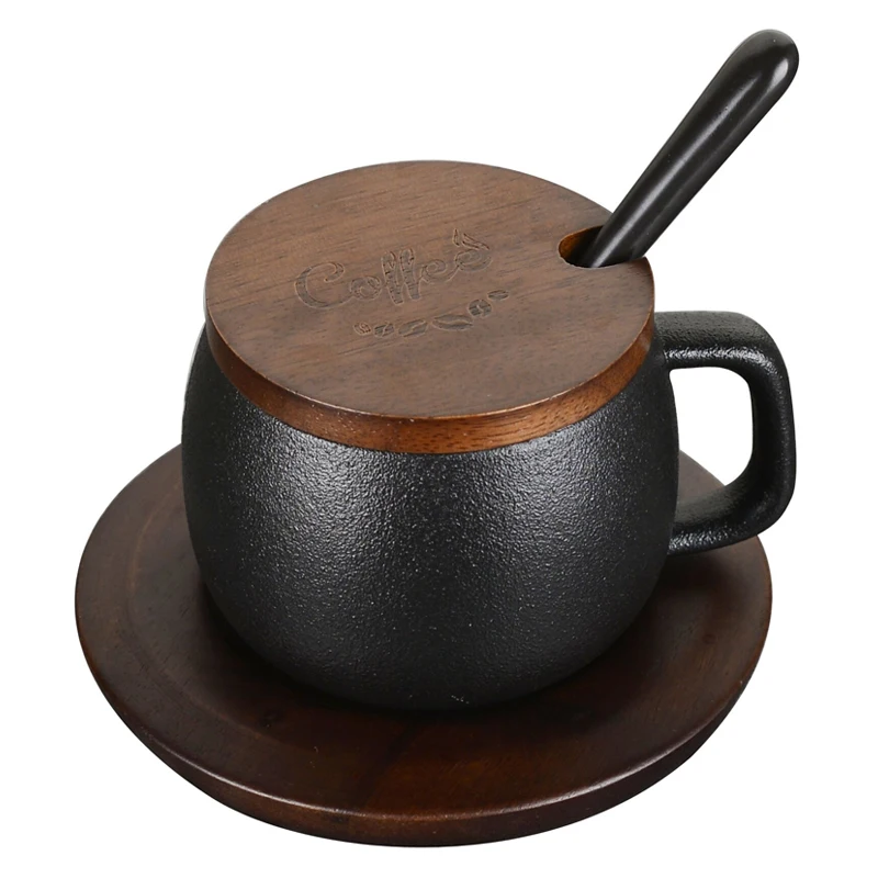 

American Retro Stoneware Frosted Coffee Cup With Wood Base Simple Ceramic Personality Mug With Lid And Spoon