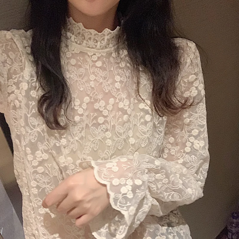 

Korean fashion clothing 2019 solid lace tops womens top women sexy shirt stand Spliced Flare Sleeve blusas femininas shirts 0471