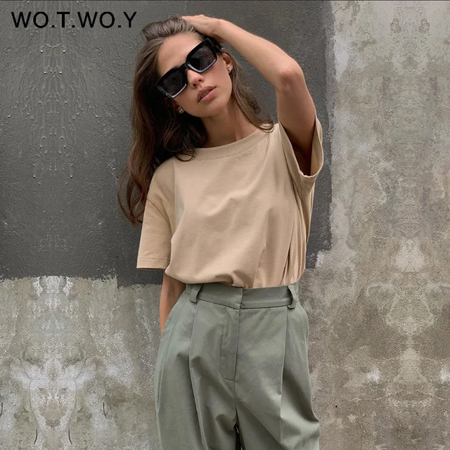 US $7.99 WOTWOY Summer Knitted Basic Solid T-shirt Women Casual Cotton Short Sleeve Tee-Shirts Female Tops W