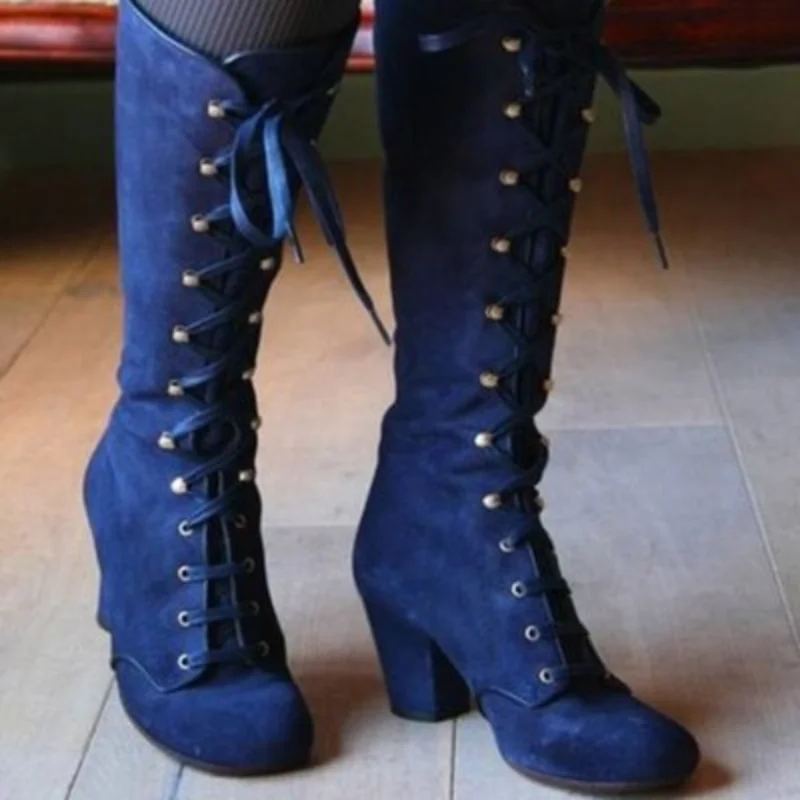Medieval Women Knee Boots Winter Lace Up Suede