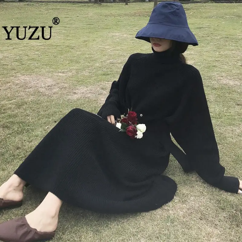 

Harajuku Turtleneck Sweater Dress 2019 Black Sashes High Elasticity Winter Autumn Women Warm Female Knitted Elegant Loose Dress