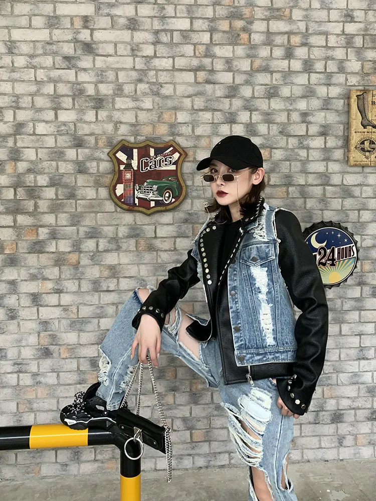Bonjean/женская джинсовая куртка в стиле пэчворк осенние пальто и верхняя одежда комплект из двух предметов с курткой, прозрачный ПУ, кожа, куртка BJ1642