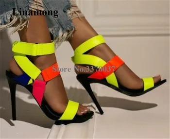 

Newest Women Charming Neon Orange Patchwork Stiletto Heel Gladiator Sandals Triangle Buckle High Heel Sandals Dress Heels Shoes