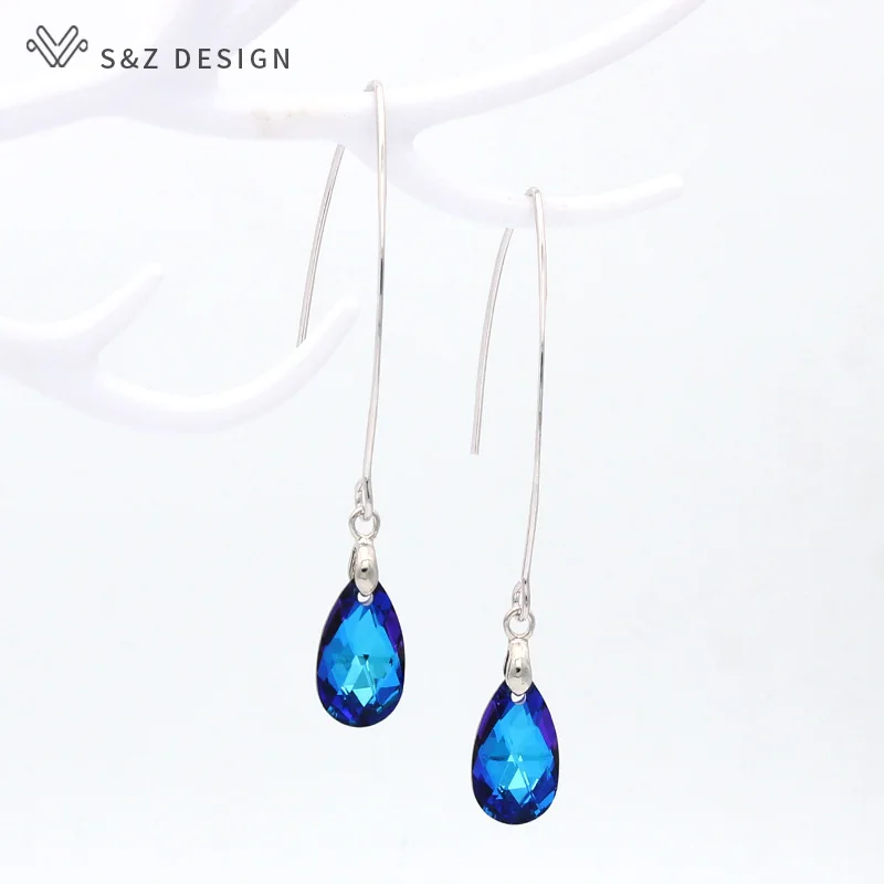 S&Z DESIGN New Fashion White Gold Color Water Drop Crystal Dangle Earrings Simple Long Ear Hook For Women Party Jewelry Gift