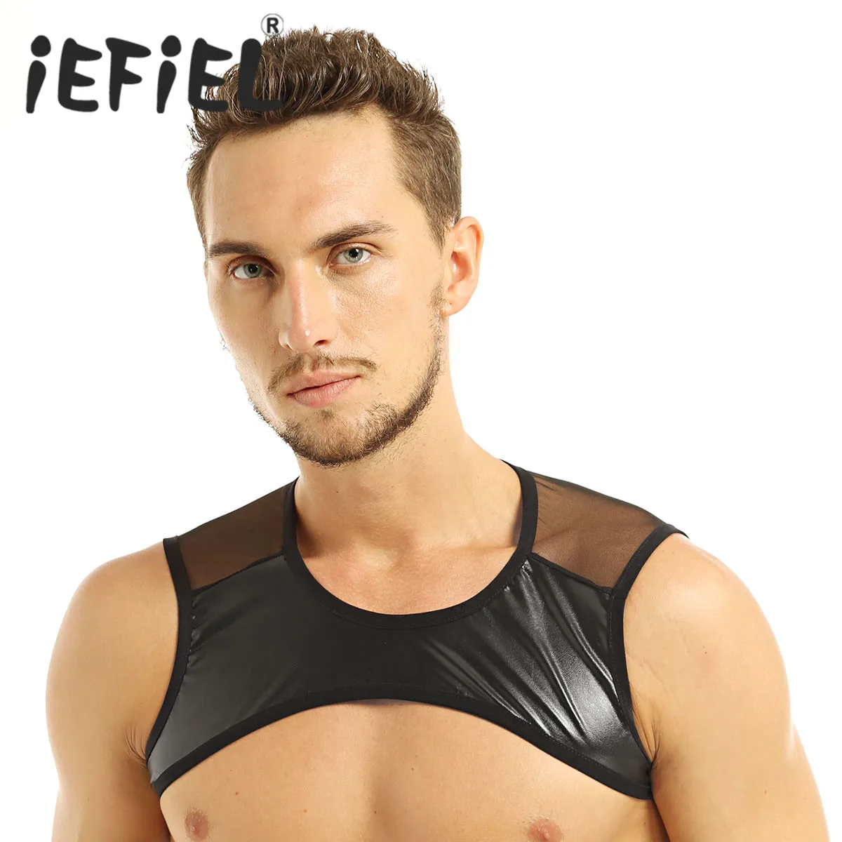 

Fashion Mens Faux Leather Patchwork Sleeveless Sheer Mesh Muscle Half Tank Top Vest Harness Clubwear Stage Costume Crop Tops