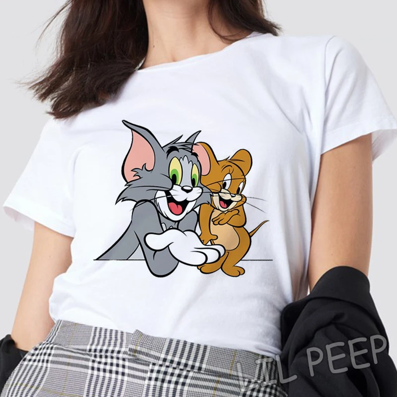 

Kawaii Cat Tom and Mouse Jerry 2019 Summer Casual T Shirt Korean Clothes Aesthetic 100% Cotton Punk Harajuku Short Sleeves Tops