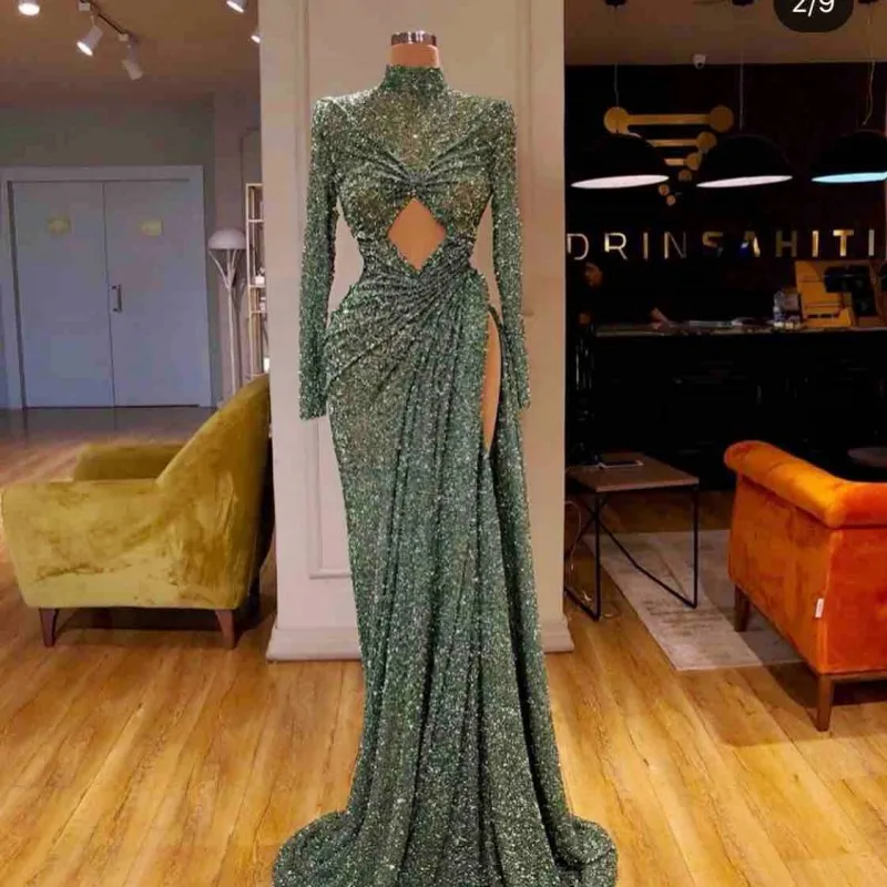 

Sequin Side Split Prom Dresses Sexy High Neck Long Sleeves Mermaid Evening Dress Pleats robe de soire Dubai African Party Wear
