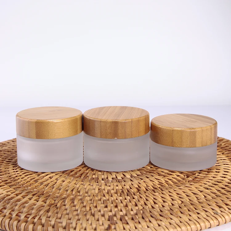 

1oz Empty Cosmetic Makeup Container 5g 15g 30g 50g 100g Recycled Frosted Glass Jars With Bamboo Lids bamboo cosmetic jar glass