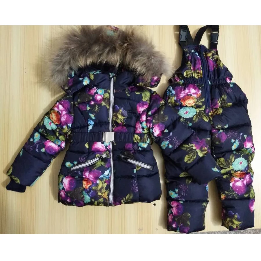 

12-24 M Girls Flowers Down Clothing Set Coat +Overalls Suits Warm Windproof Snowsuit Toddler Children Ski Suit Sintepon